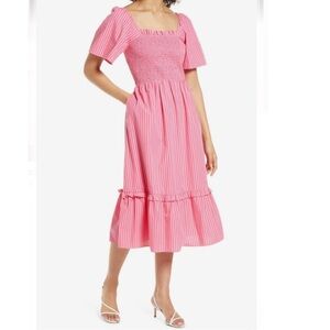 Draper James | Deana Pink Smocked Stripe Poplin Midi Dress Medium Modest Pockets